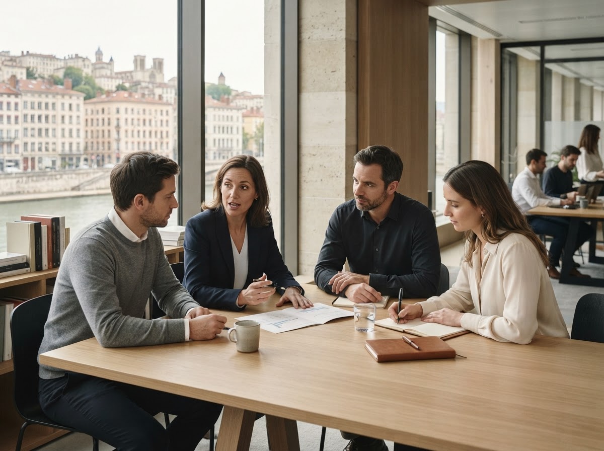 Meute Rendecto — équipe analysant des tableaux de données en environnement professionnel